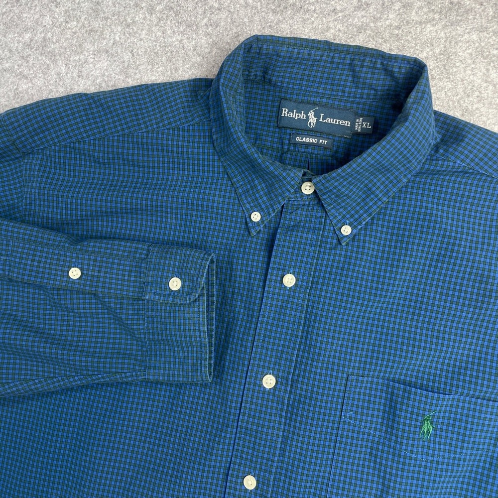 Ralph Lauren Mens XL Classic Fit Button Down Shirt Blue Green Gingham Check Long